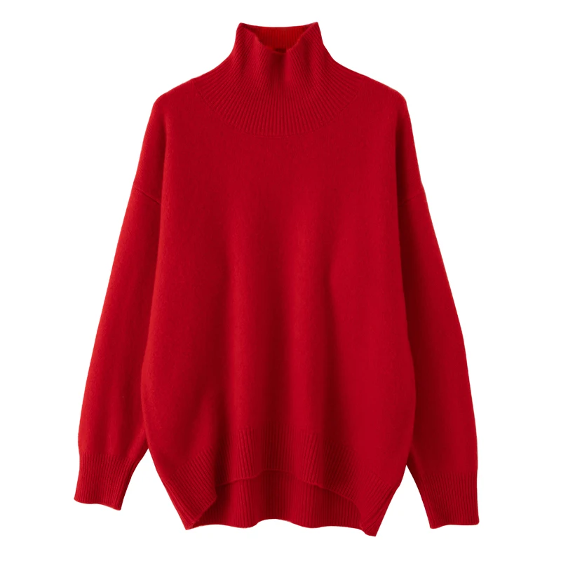 Suéter de lana merina pura para mujer, jersey de solapa alta, Top de punto grueso suelto informal, moda de otoño e invierno, 100%