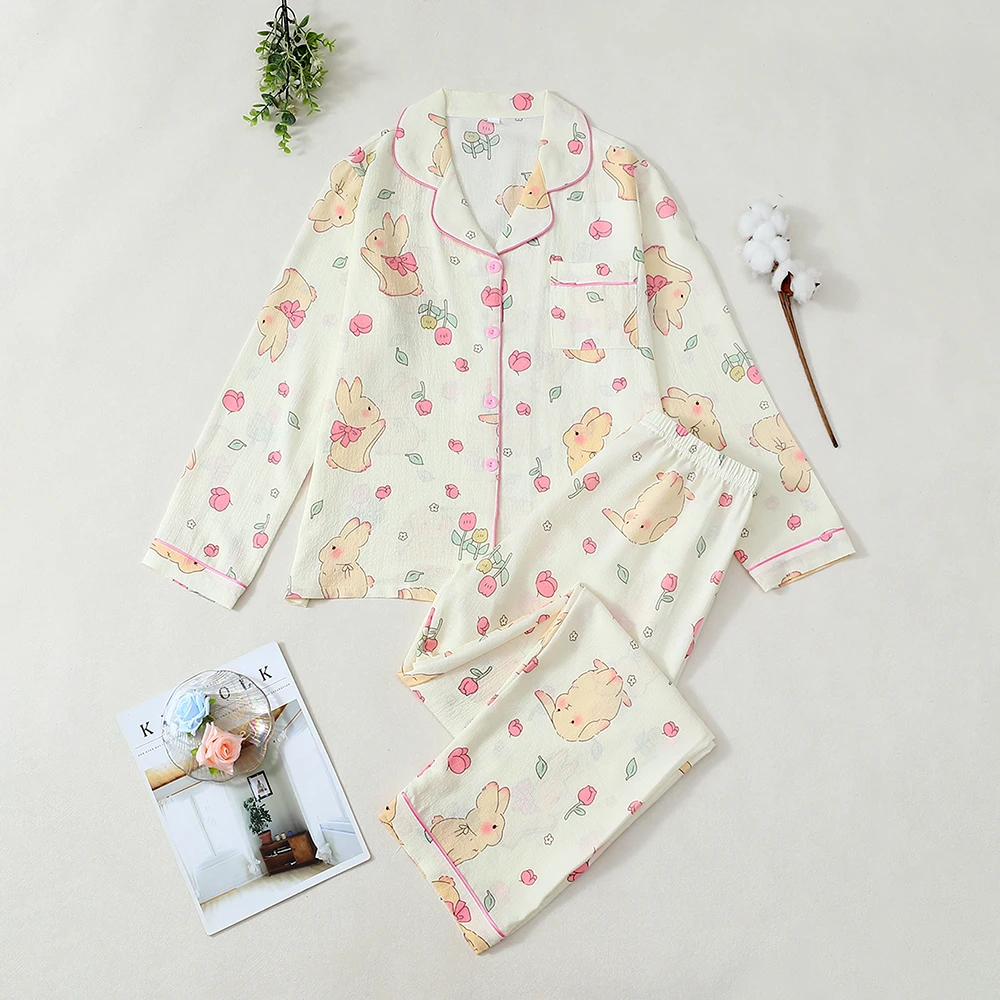 

﻿ 2Pcs Cartoon Sweet Pajama Sets Student Women's Casual Long Sleeves Pants New Cute Home Clothes Loose Comfortable Nightshirt