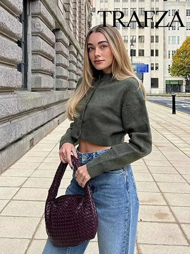 Trafza Damen Herbst Freizeit mäntel solide O-Ausschnitt Langarm Einreiher Strickjacke weibliche Mode Strick mäntel 4 Farbe