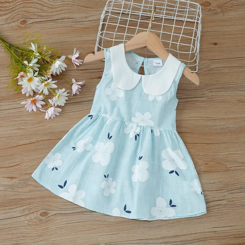 2024 Summer Baby Girls Korean Version Style Sleeveless Peter Pan Collar Sundress Children Cotton Linen Princess Dress 0-6Years