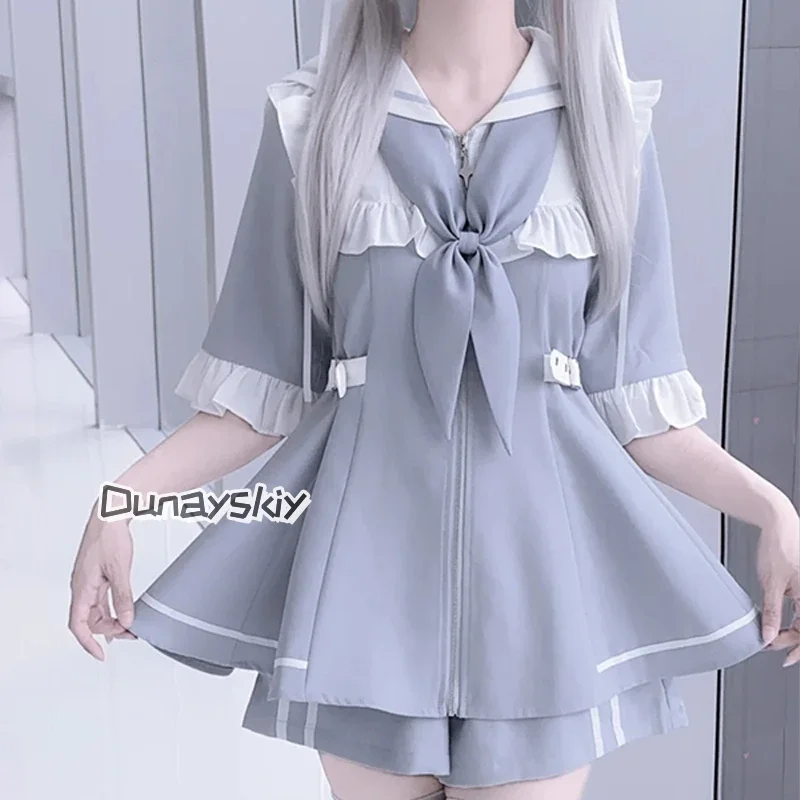 코스프레 일본 마이네 로리타 반바지 세트 Y2k 코스프레 JK 유니폼 슈트 리본 레이스 러플 슬림핏 스티칭 소매 드레스 애니메이션 코스 D