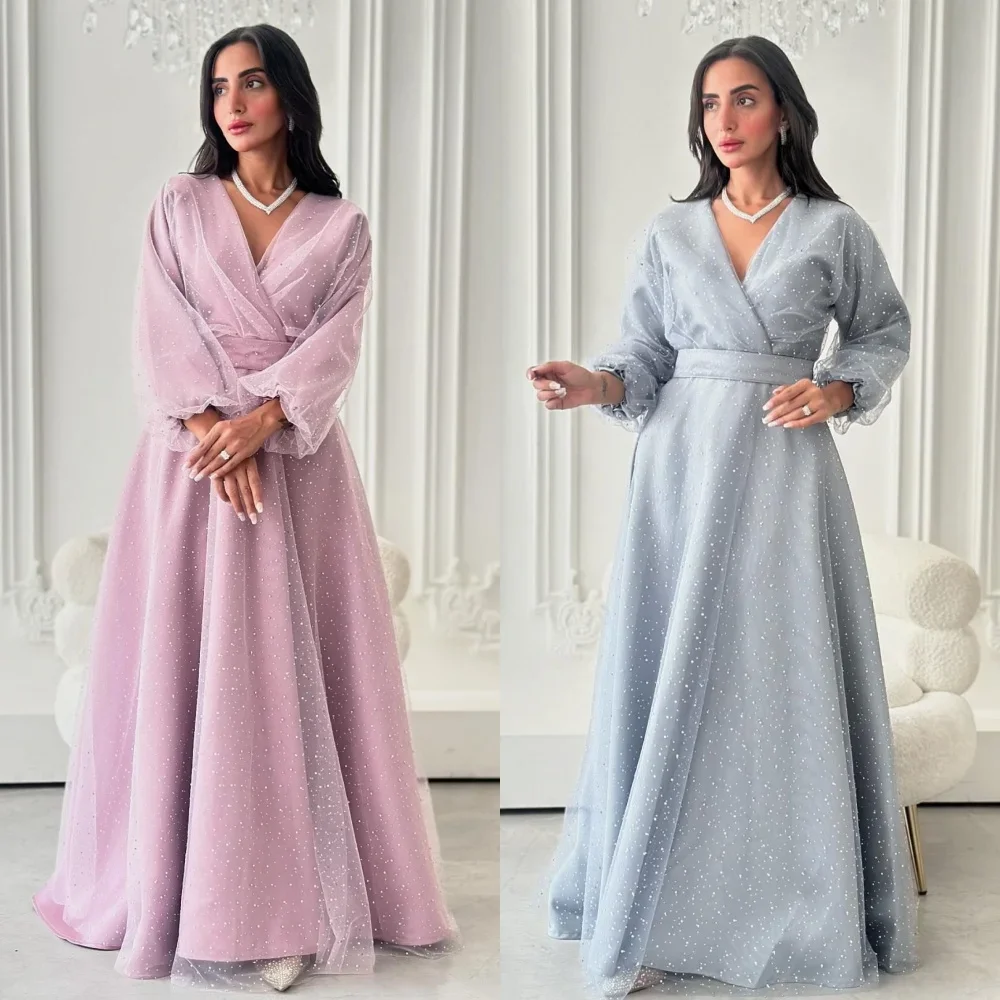 

Customized Matching Net Jersey A-line V-neck Long Dresses Bespoke Occasion Dresses Classic Exquisite Modern Style Pastrol Unisex