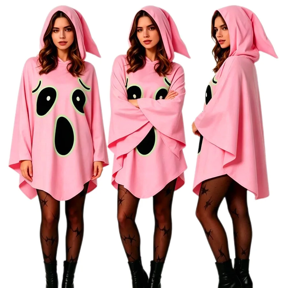 Women Pink Ghost witch Poncho Hooded Batwing Cape Glow In Dark Ghost Print Halloween Party Cosplay Costume