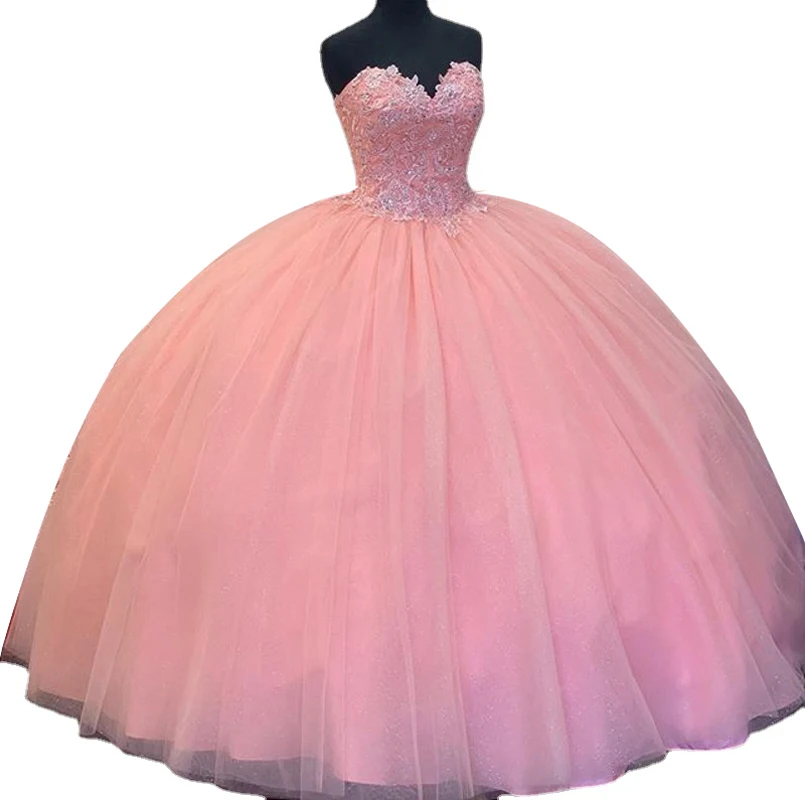 Süße 15 16 Rosa Quinceanera Kleider Vestidos De 15 Anos Applique Perlen Tüll Formales Prinzessin Ballkleid Birthday Party Kleider