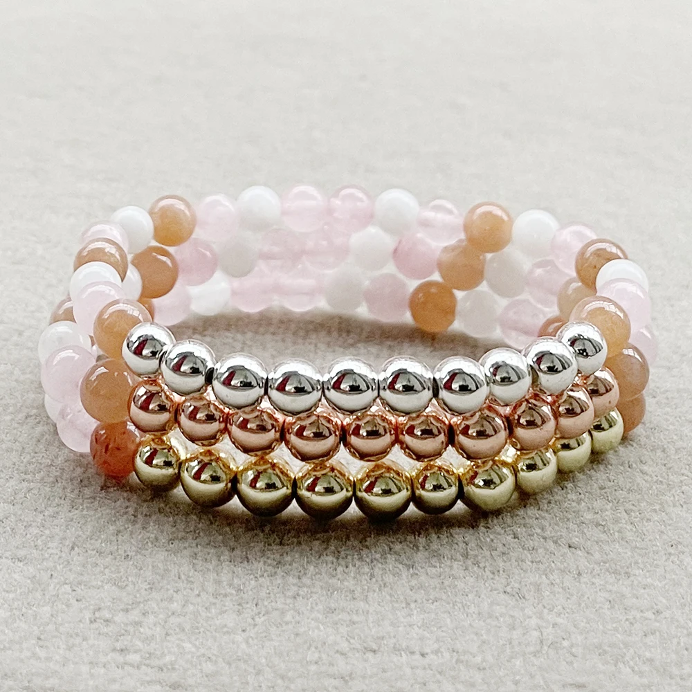 Ruberthen New Design 6 MM Sunstone Moonstone Madagascar Rose Quartz Gemstone Bracelet Womens Cooper Beads Yoga Wrist Mala