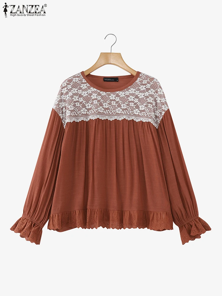 ZANZEA Camicetta da donna autunno Camicia con volant patchwork in pizzo 2025 Manica lunga Casual Vintage floreale all'uncinetto Top Tuniche larghe Tees