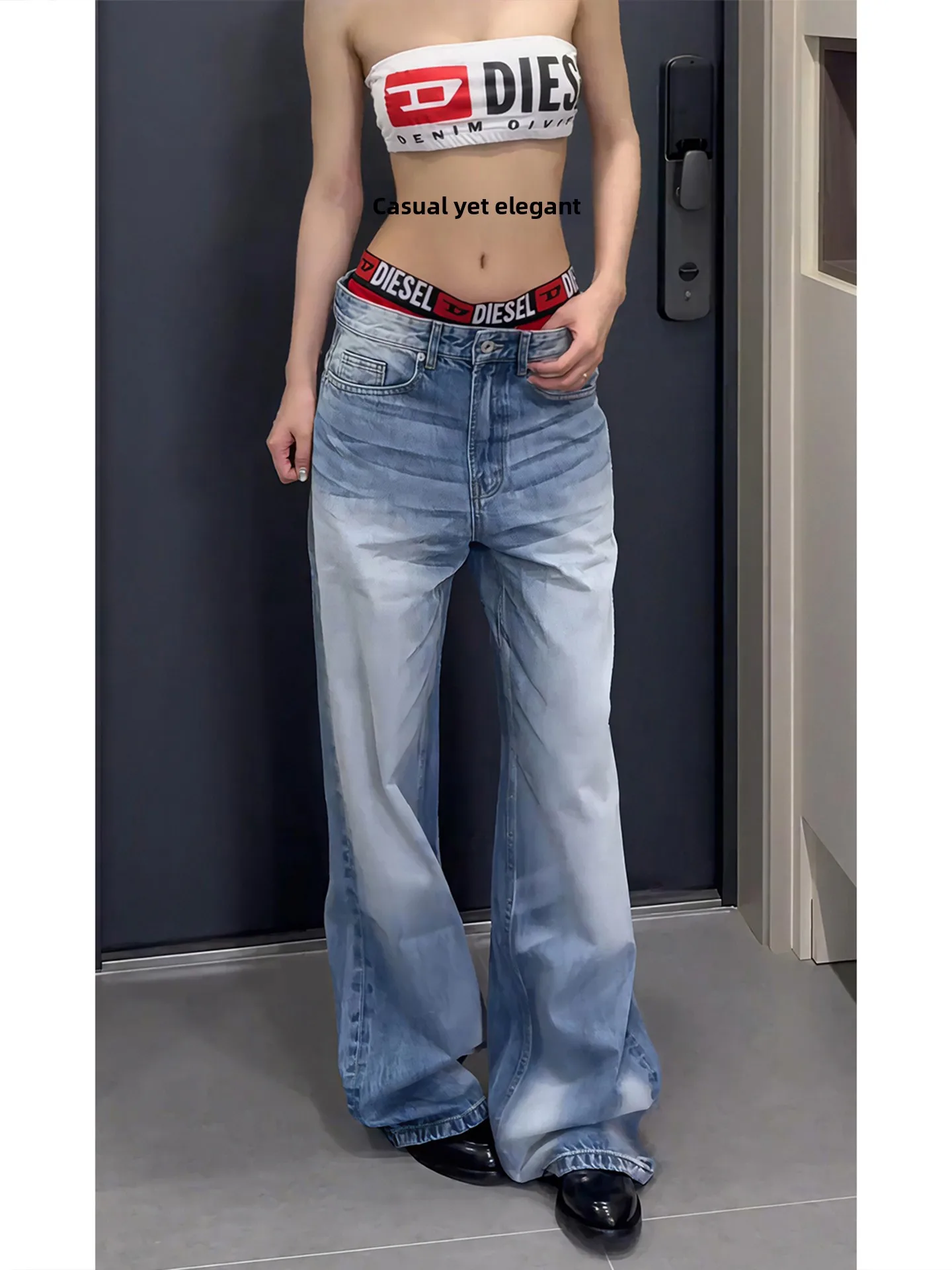 

Ice Blue American Sle Jeans High Waist Straight Leg Micro Flared Pants Extended Length for Taller Men Summer Cleanfit Denim