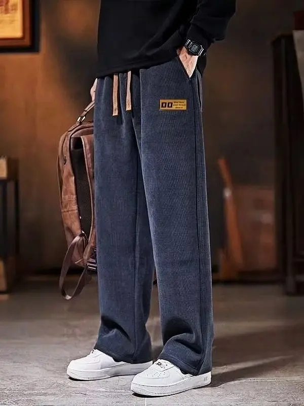 

Мужские вельветовые спортивные брюки прямого кроя на флисовой подкладке, теплые повседневные длинные брюки больших размеров, осень-зима, полиэстер