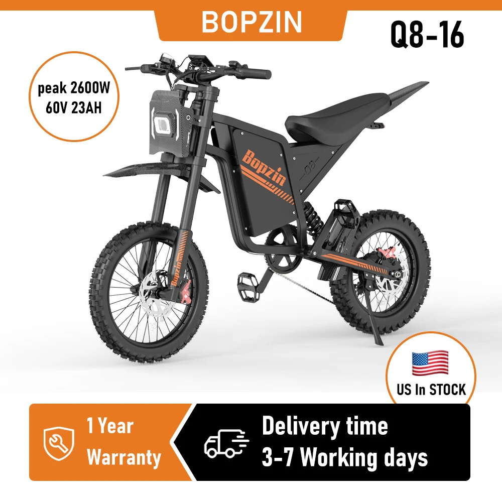 

Электрический горный велосипед Bopzin Q8-16 для взрослых, пиковая мощность 2600 Вт, скорость до 38 миль/ч, 60 В, 23 Ач, запас хода до 100 миль, полная подвеска, шины 14/12 дюймов
