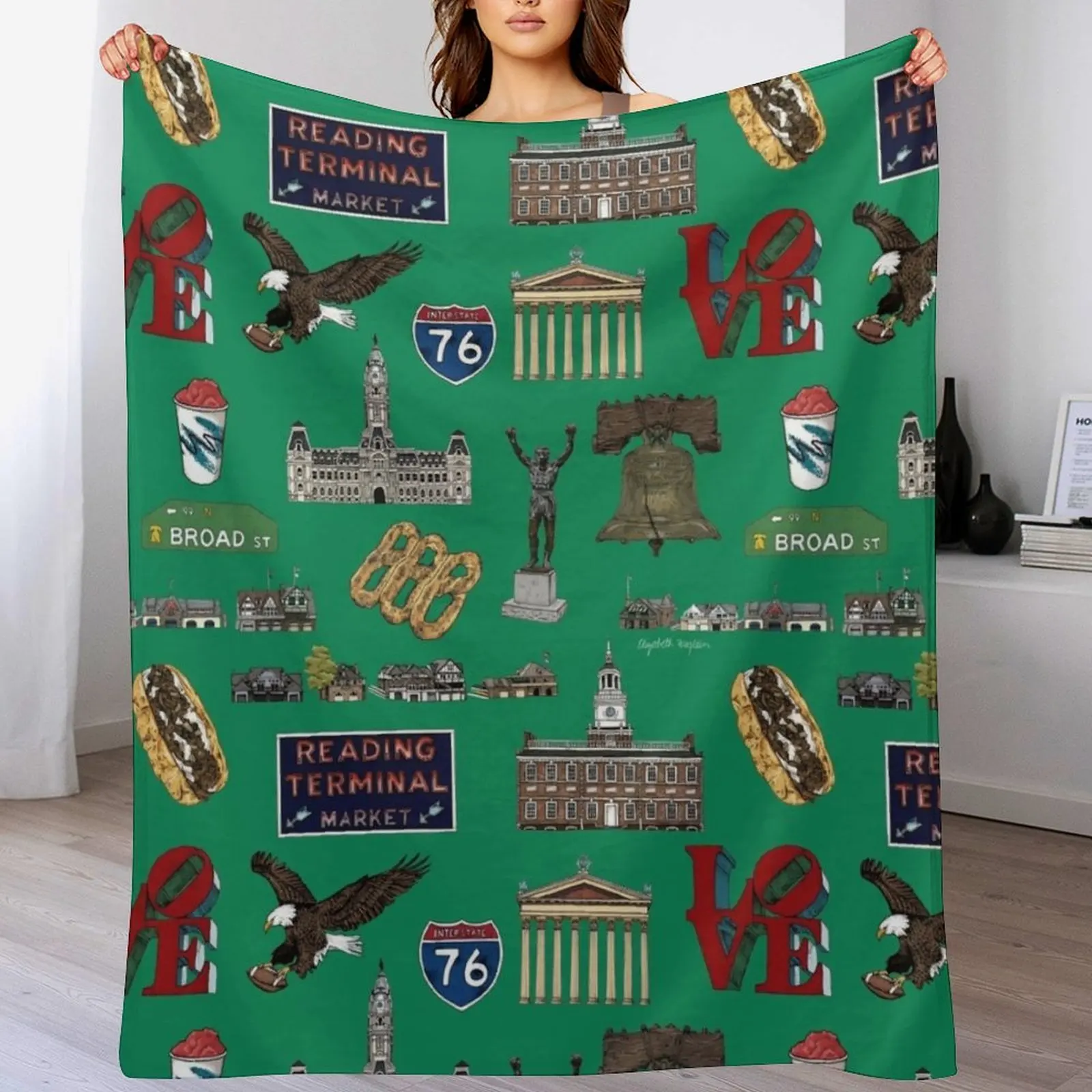 

Philly Pattern - Kelly Green Throw Blanket Heavy Nap Furry Flannel Fabric Blankets