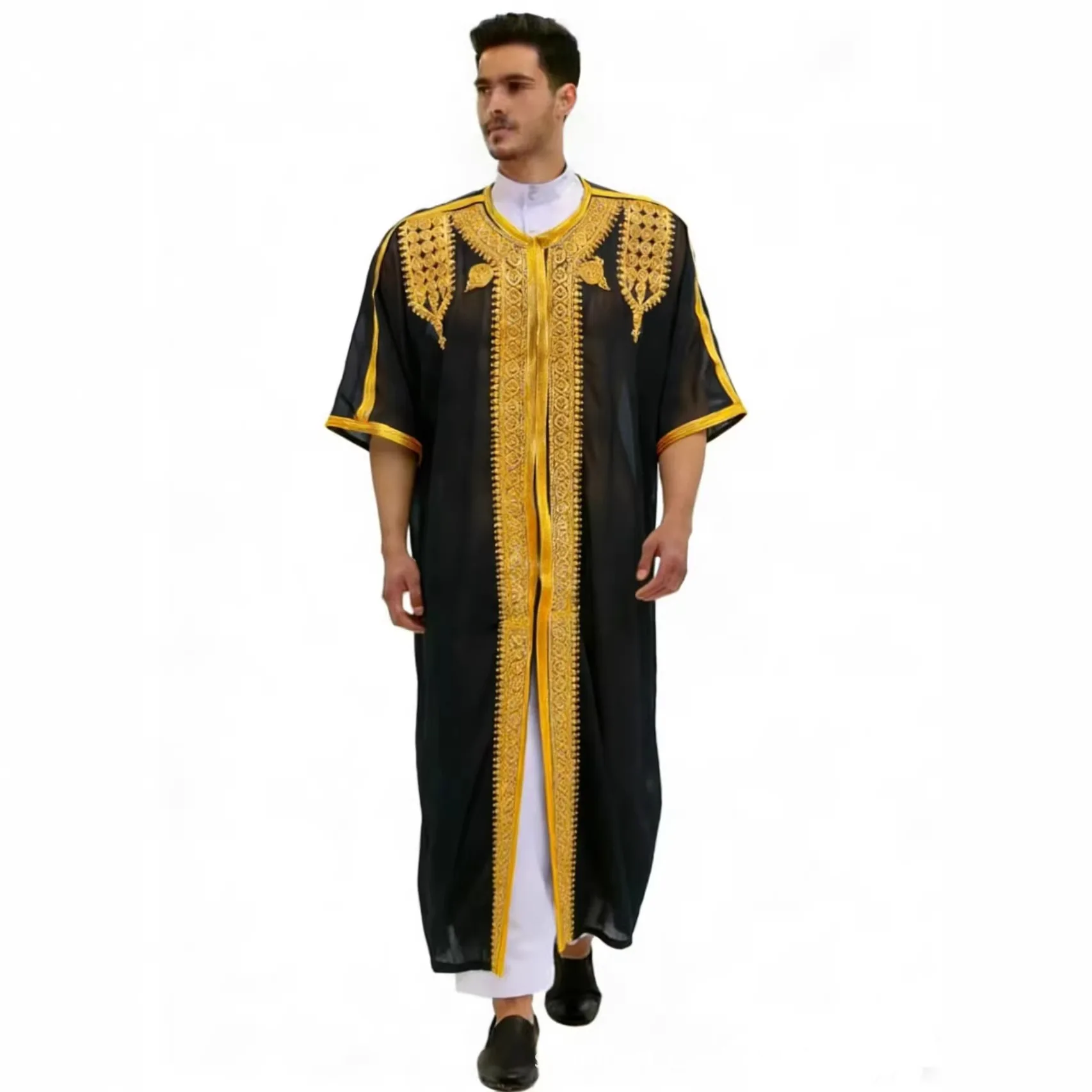 Men Jubba Thobe Eid Muslim Cardigan Robe Embroidery Dishdasha Modest Islamic Dubai Saudi Prayer Kaftan Ramadan Morocco Summer