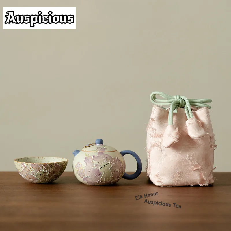 

Hand-painted Nine-tailed Fairy Fox Xishi Travel Tea Set Kit Zen 1 Pot 1 Cups Tea Brewing Organizer Portable Camping Tote Bag