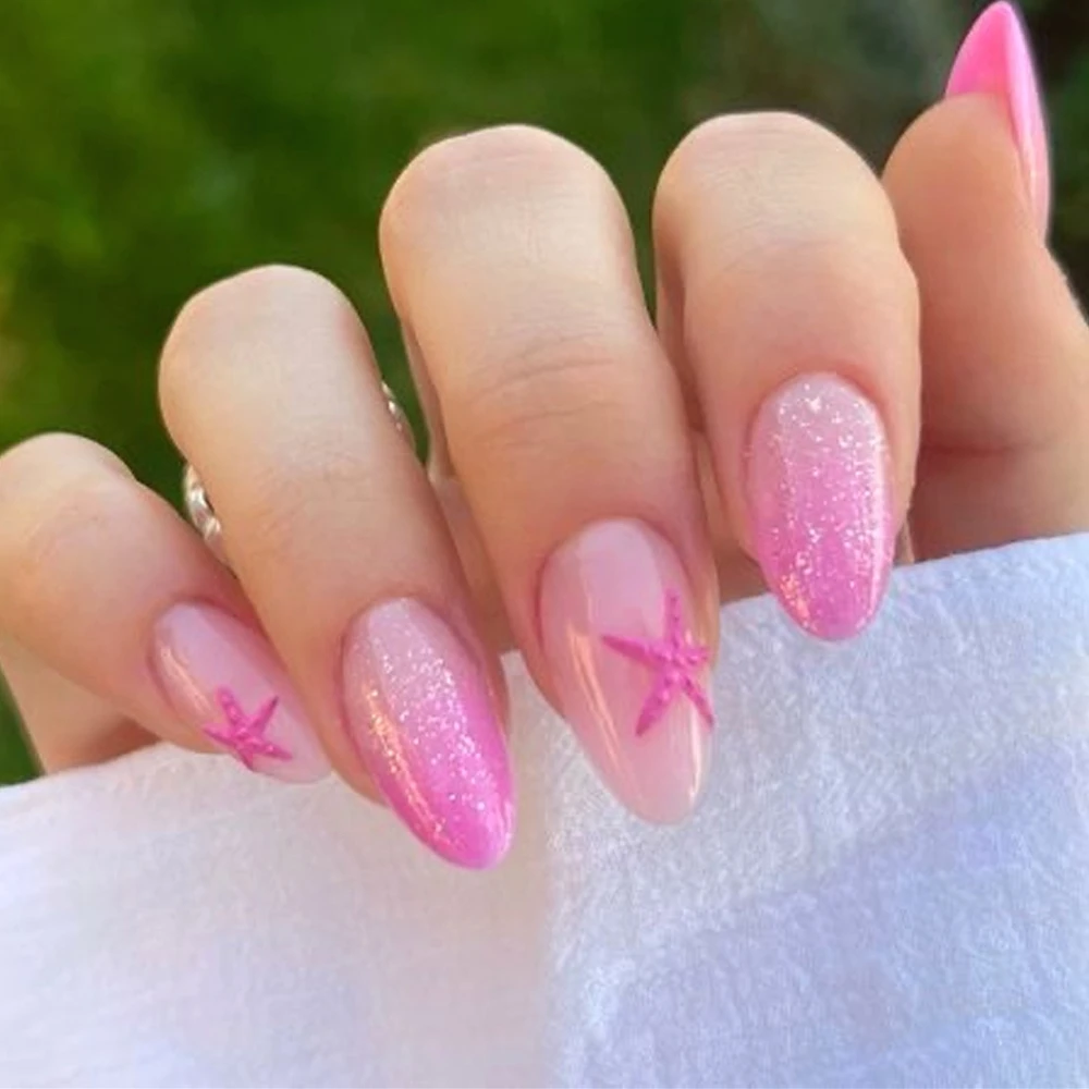 

Glitter Powder Rose Pink Starfish Gradient French Nail Art Summer Chic False Nail Detachable Finished Fake Nails Press on Nails