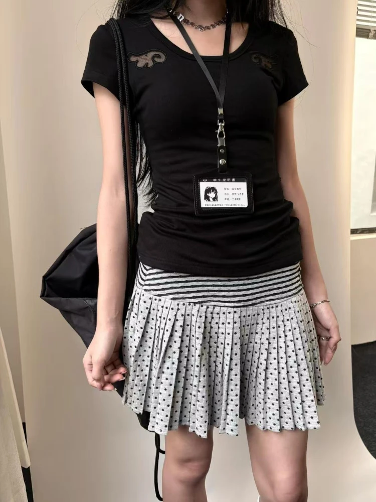 일본의 새로운 하이 웨이스트 폴카 도트 짧은 치마 여성 여름 캐주얼 Y2k 프릴 스트라이프 스커트 여성 디자인 레트로 그레이 의상
