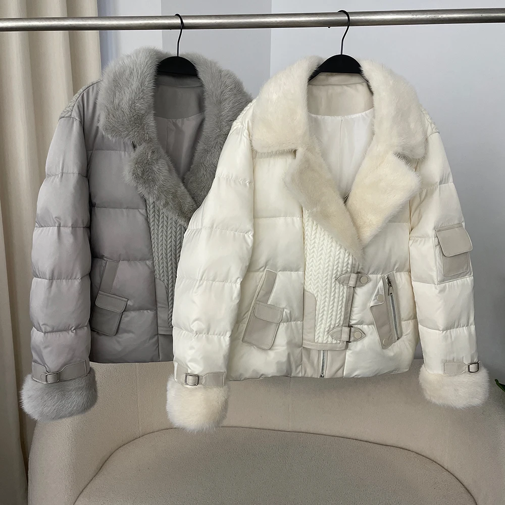 2024 Autumn Winter New Mulberry Silk 90% White Goose Down Down Jacket Women Short Mink Fur Collar Fur Jacket Thickened Warm