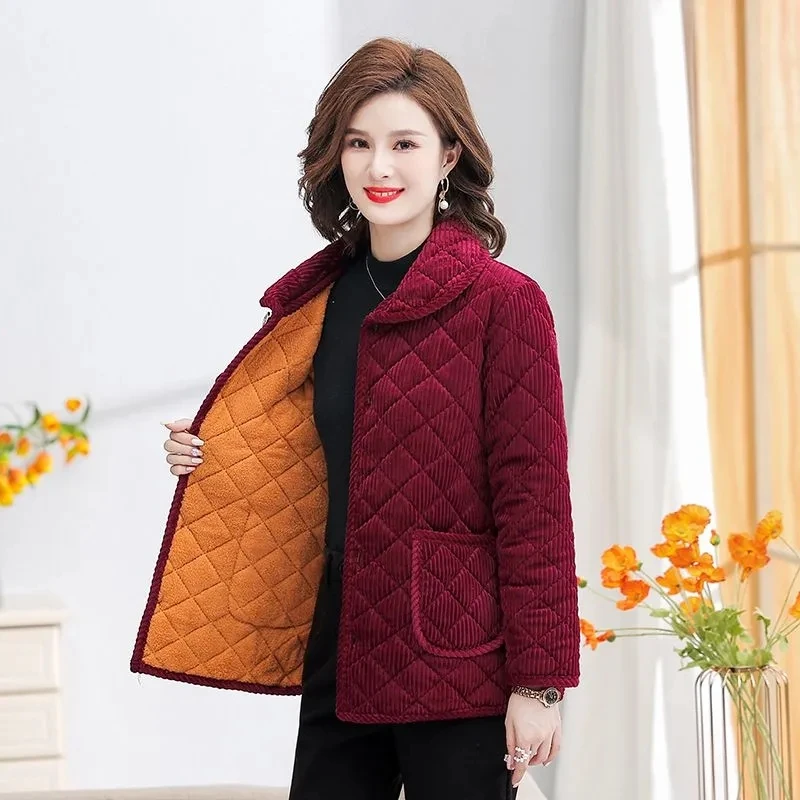 Middle Aged Elderly Women\'s Winter Short Cotton Padded Jacket Fashion Plush Thick Warm Coat Grandma\'s Large Size Corduroy Parkas