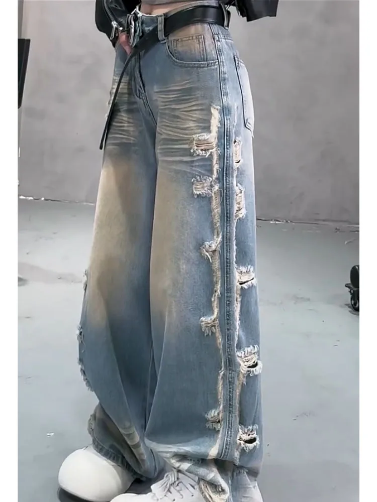 

American Retro Blue Side Slit Wide Leg Jeans Women's Summer High Waist Slim Straight Pants Casual Sle High Waist Wide Leg J...