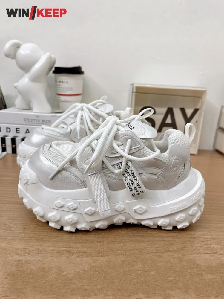 

Женские уличные кроссовки на толстой платформе с круглым носком, на шнуровке, с дышащей сеткой и вставками, для бега и спорта