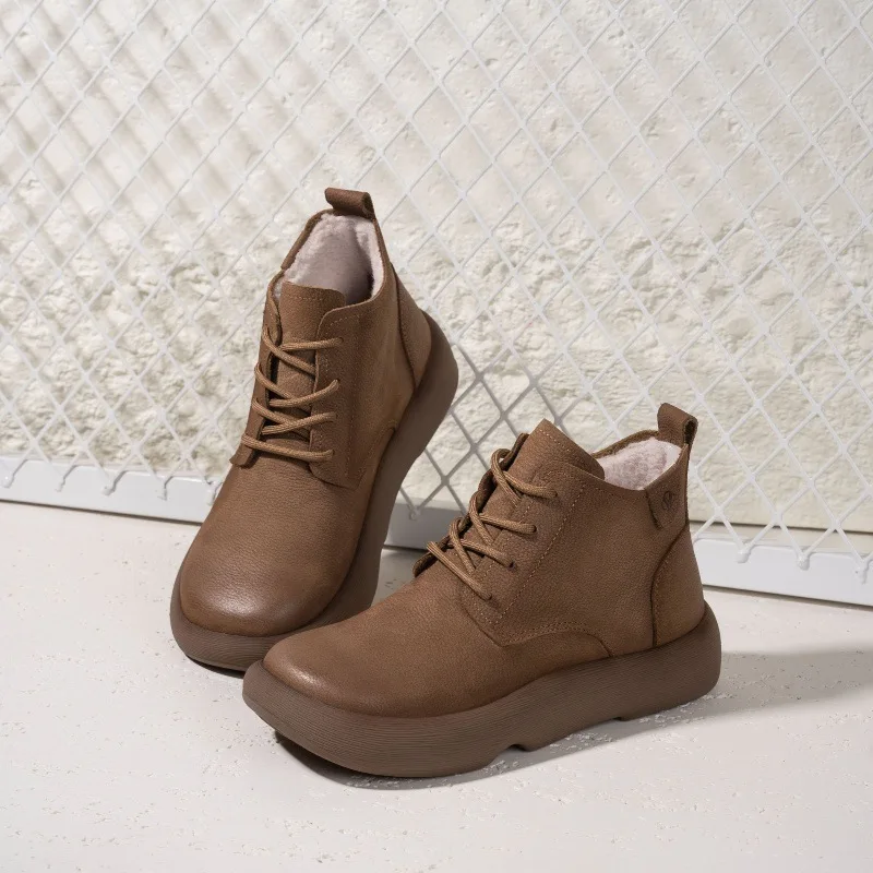 

Женские новые кожаные ботинки 2026 года на толстой подошве с флисовой подкладкой, теплые хлопковые ботинки для женщин