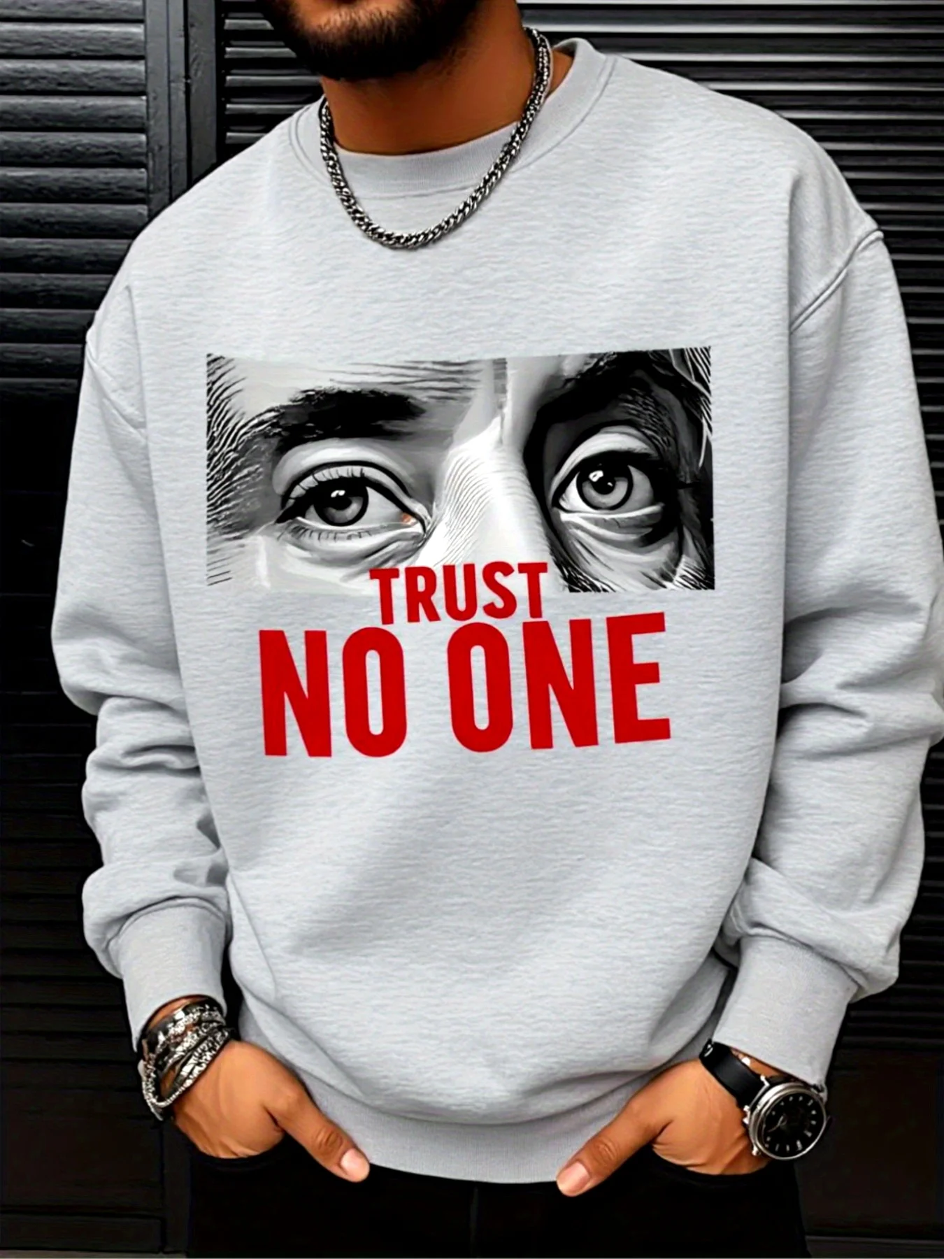 One Stylish Grey Sweatshirt for Men - a Long-Sleeve Pullover Featuring 'Trust No One' Print, Designed for Casual Sporty Wear in Fall And Winter, Made from Soft Fabric with a Loose Fit, Solid Color Crew Neck, Graphic Athletic Style