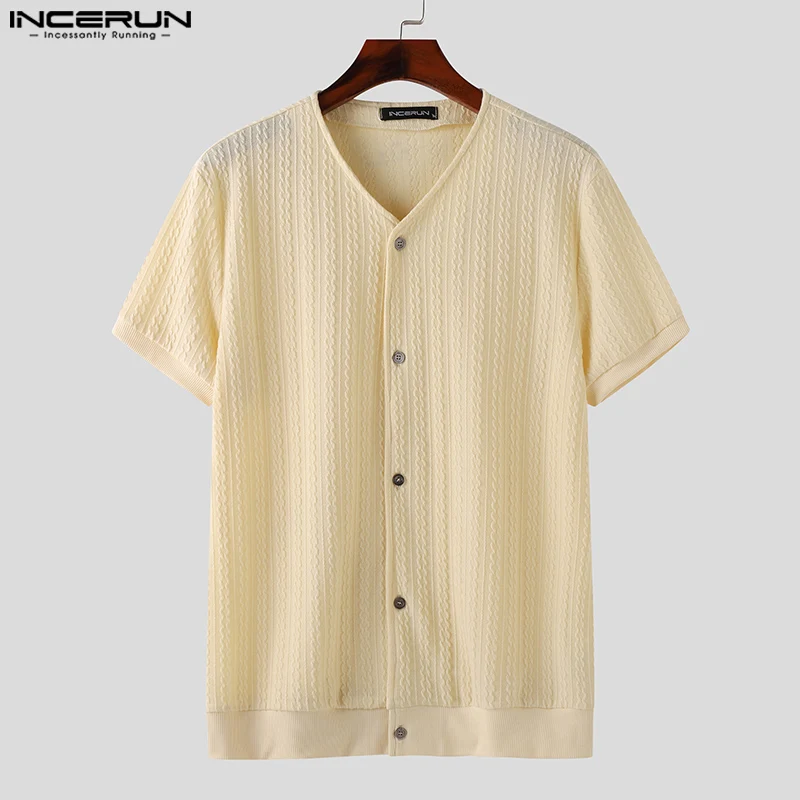 INCERUN Men Shirt Solid Color V Neck Short Sleeve Streetwear Summer Men Clothing Korean Style 2024 Knitted Fashion Male Shirts