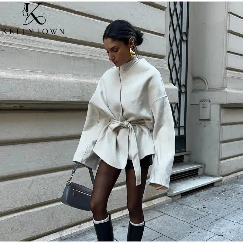 Women Wooled Coats Full Sleeve Loose Wrap Jackets Autumn Winter Female Clothes Solid 2026 Office Lady Chic Outerwear Tops