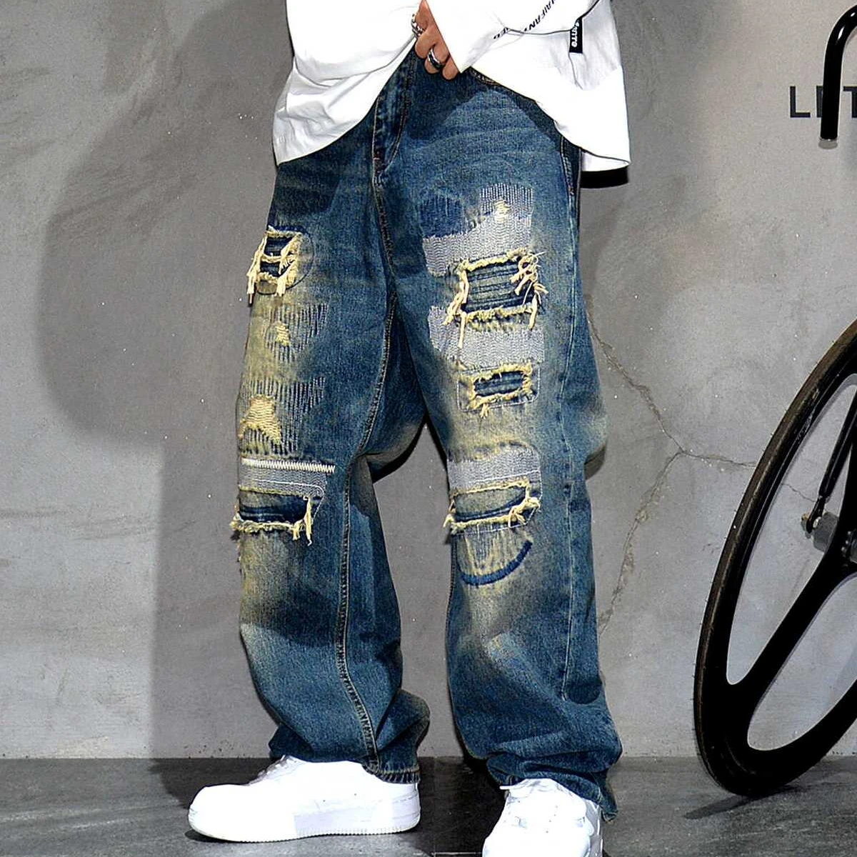 American Streetwear Ripped Patch Jeans Hip Hop Baggy Jeans Mens Clothing Vintage Denim Cargo Pants Japanese Harajuku Trousers