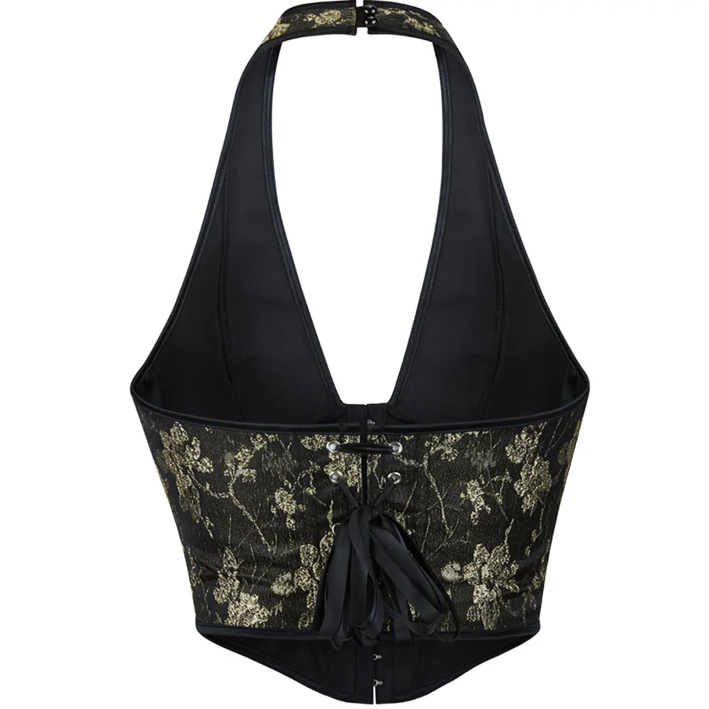 Women Halter Corset Top Floral Jacquard Front Hook Bustier Back Lace Up Vintage Crop Top Vintage Aesthetic Halter Bustier