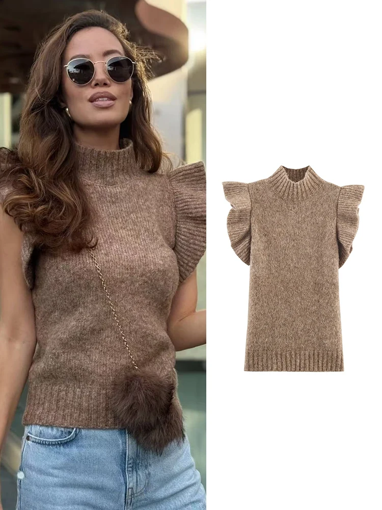 

Women's Knitted Pullover Vest Autumn New Vintage Sleeveless Waistcoat Fashion Tierred Sleeve Female Casual Turtleneck Sweater