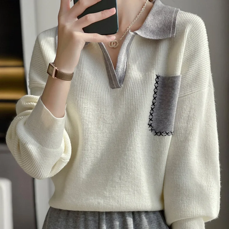 New Autumn And Winter College Style POLO Collar Wool Women\'s Loose Lazy Wind Age-Reducing Sweater Knitted Bottoming Shirt