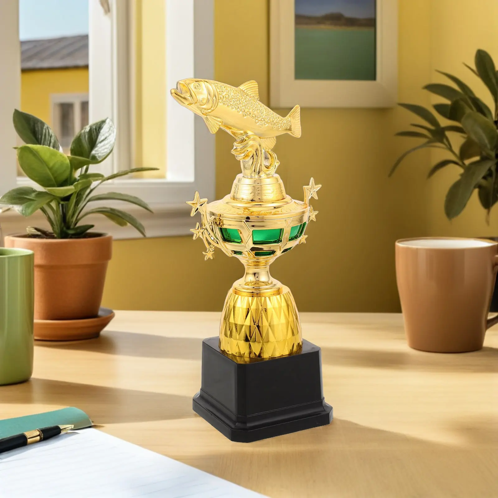 Mini Fish Trophy Golden Plastic Fishing Competition Award Black Base Fishing Derby Angling Tournament Celebration Prize