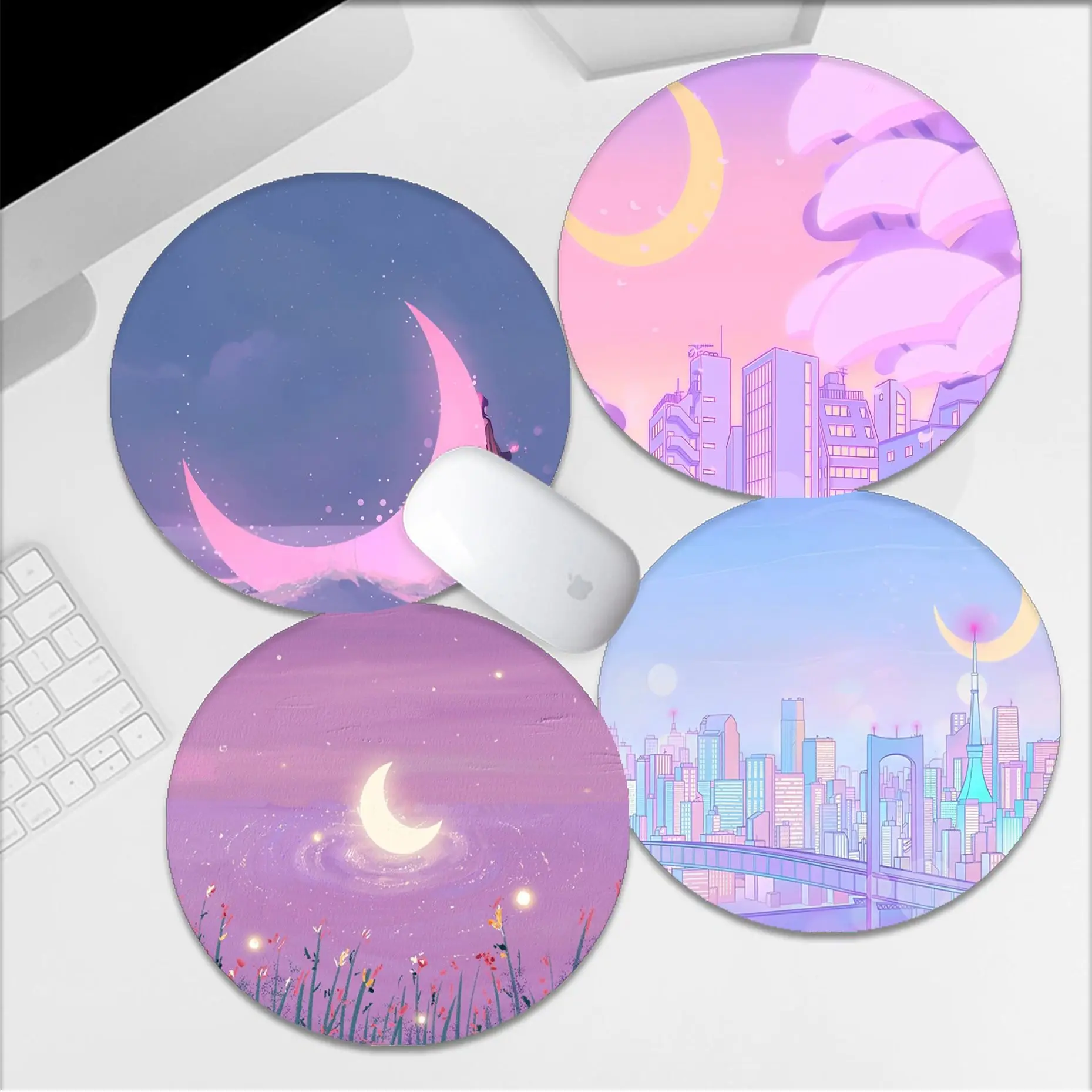 Pink Moon Niedliches 22 x 22 cm rundes Kawaii Cartoon Anime Gaming Mauspad Tastatur Mausmatten Schreibtischunterlage Mädchen Büro Schreibtischzubehör