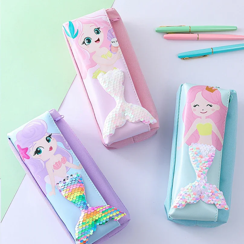 Estuche de lápices de sirena para niñas, Estuche Escolar, suministros escolares, Estuche de lápices de lentejuelas, papelería Kawaii