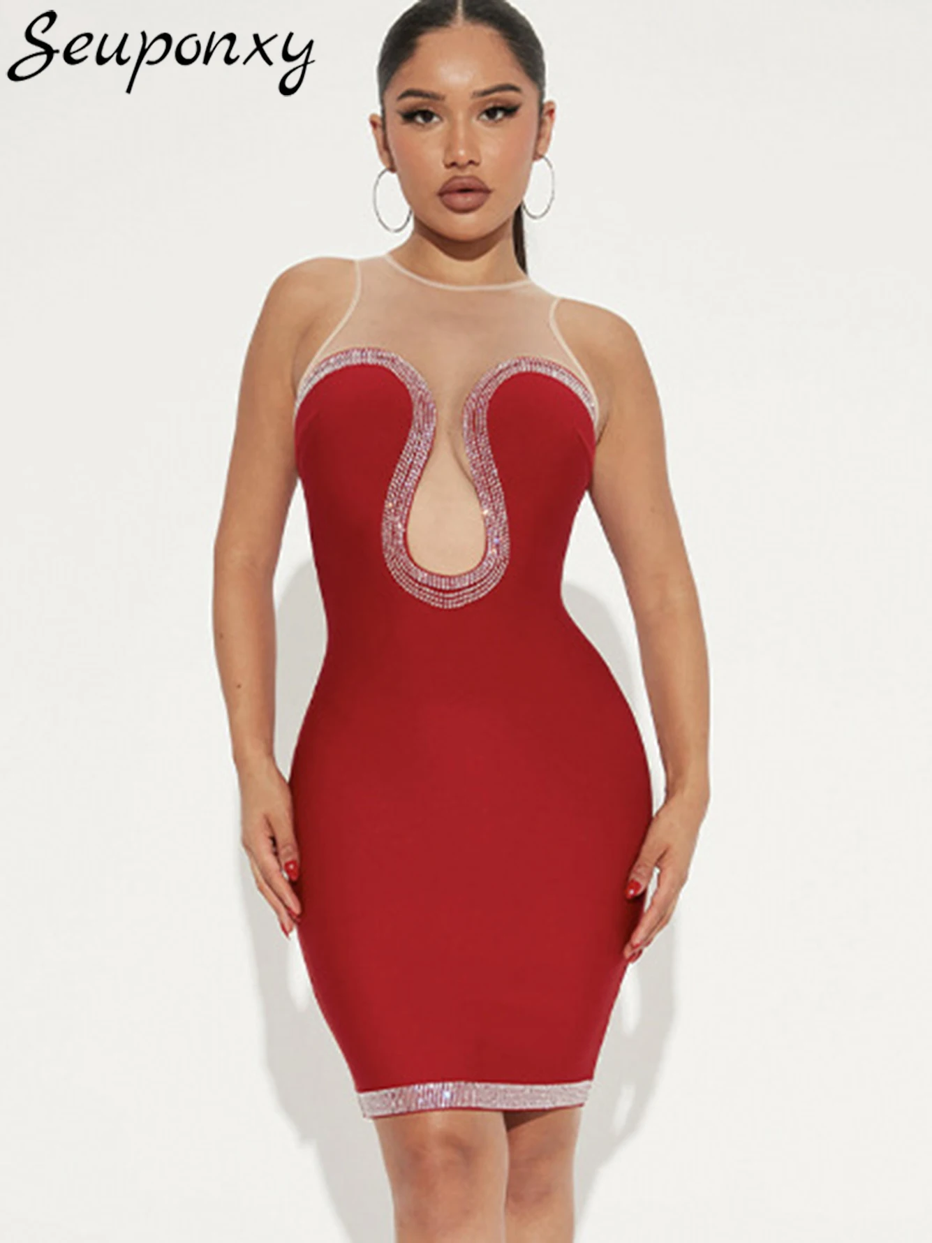 

High Quality Sexy Sleeveless O-Neck Mesh Perspective Bandage Dress 2023 New Women's Red Luxury Diamond Elegant Party Vestidos