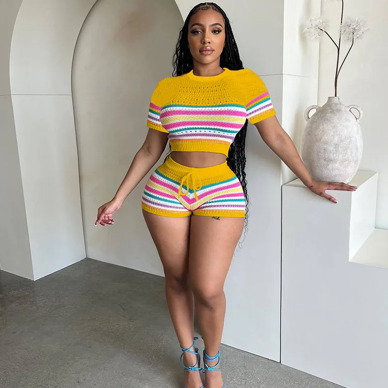 Sexy Knitted Hollwo Out Colour Striped Two Piece Set Women Short Sleeve O-neck Crop Top and Shorts Summer Outfits Matching Sets