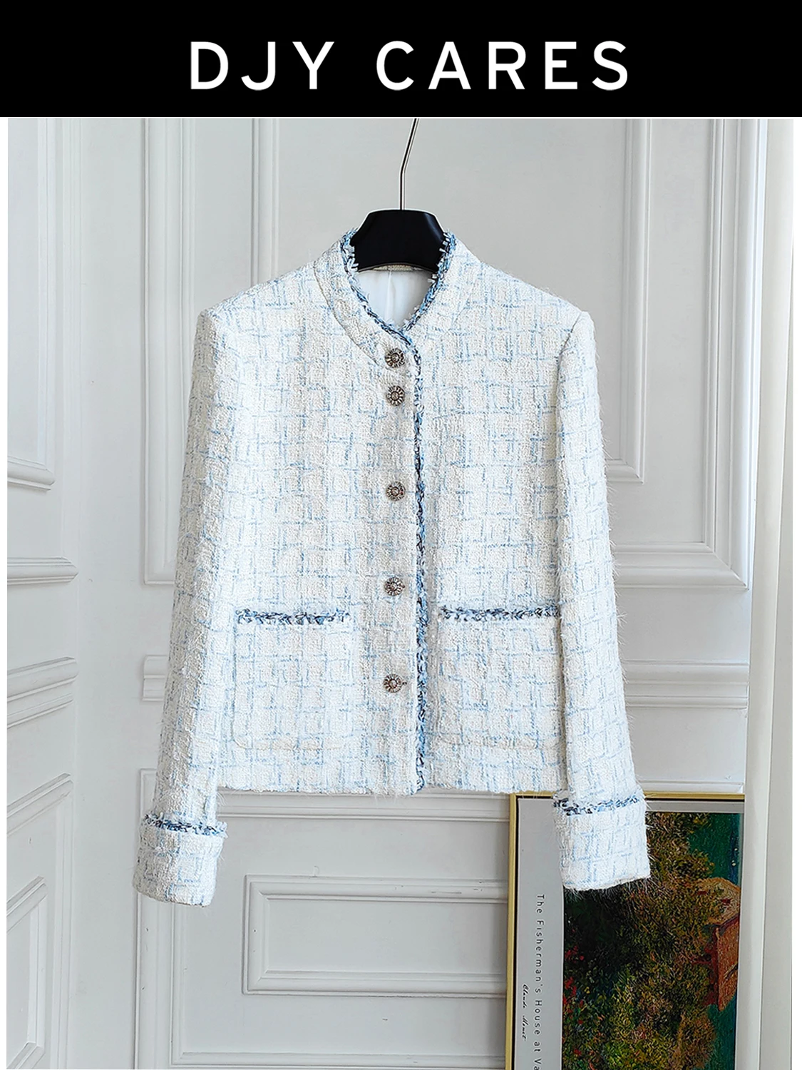 

New Coarse tweed blue stand up collar premium spliced short jacket big size