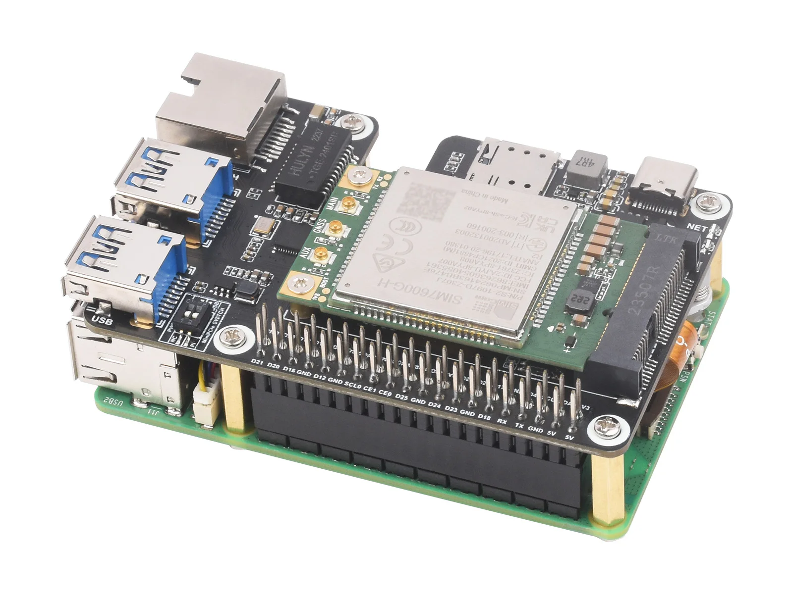 

Waveshare PCIe to MiniPCIe/Gigabit Ethernet/USB 3.2 Gen1 HAT, Supports MiniPCIe interface 4G Module, Raspberry Pi 5 HAT