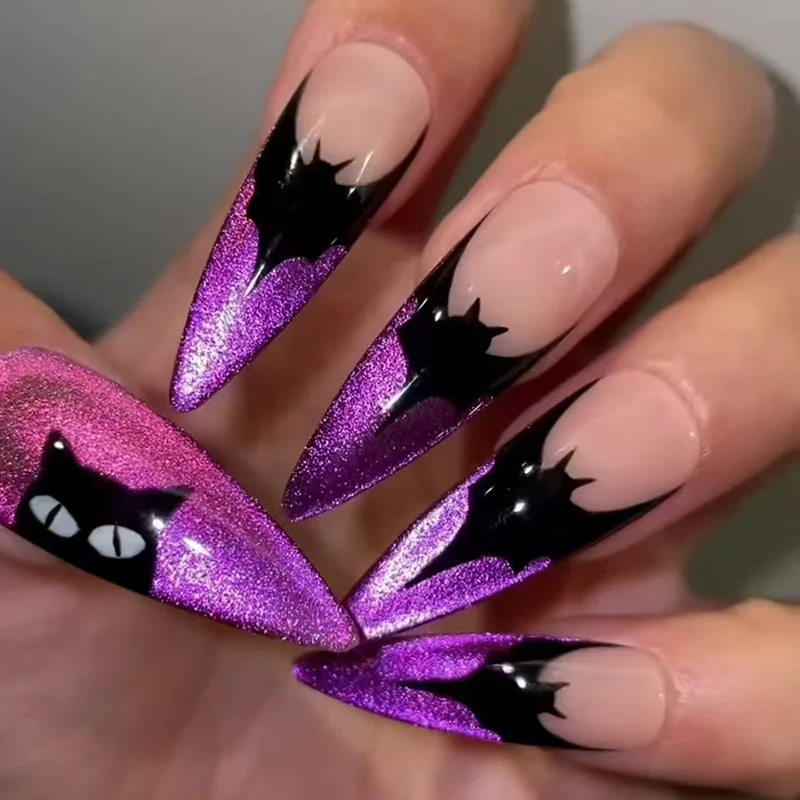 

24pcs Purple Glitter Press-On Nails - Black Bats & Owls Halloween Design Long Almond False Nails For Women Girl