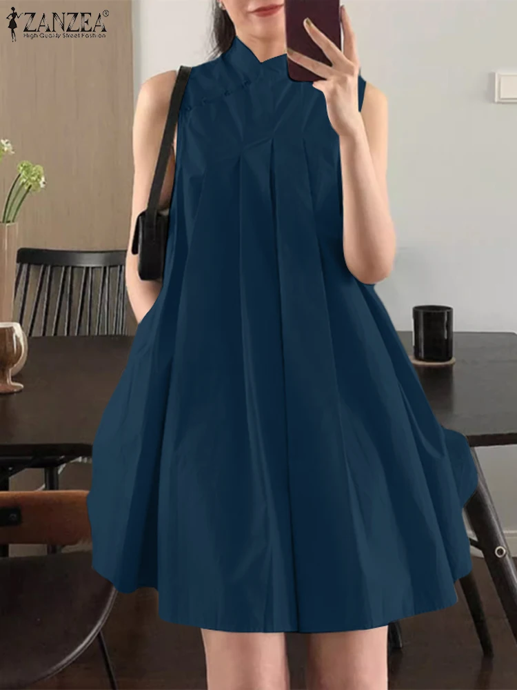 ZANZEA 2024 New Chinese Dresses Women Solid Pleating Sundress Vintage Mandarin Collar Robe Fashion Sleeveless A-line Vestidos
