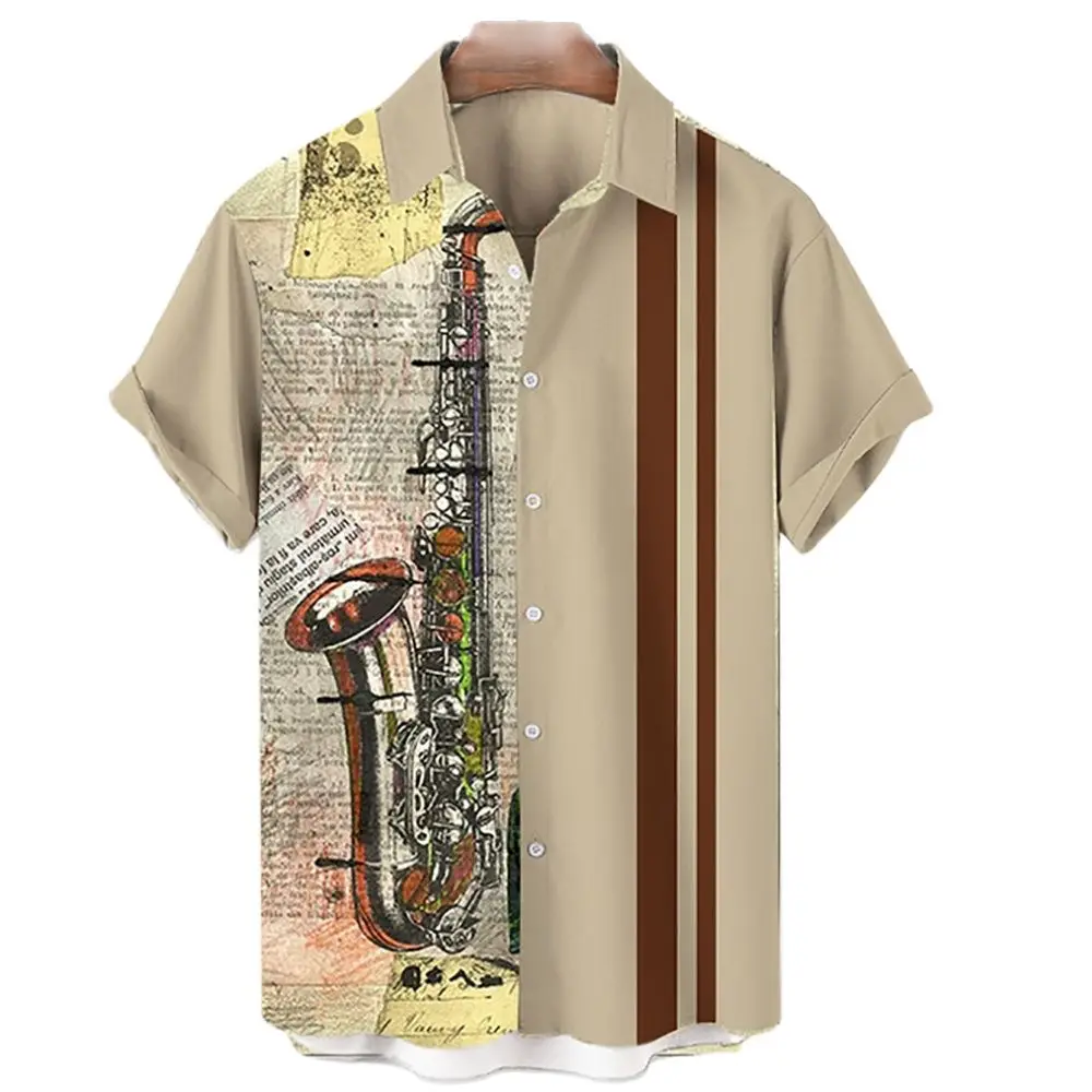 Camisa informal hawaiana para hombre, camisa de manga corta para playa, camisa con estampado de instrumentos musicales en 3D, solapa, un solo botón,