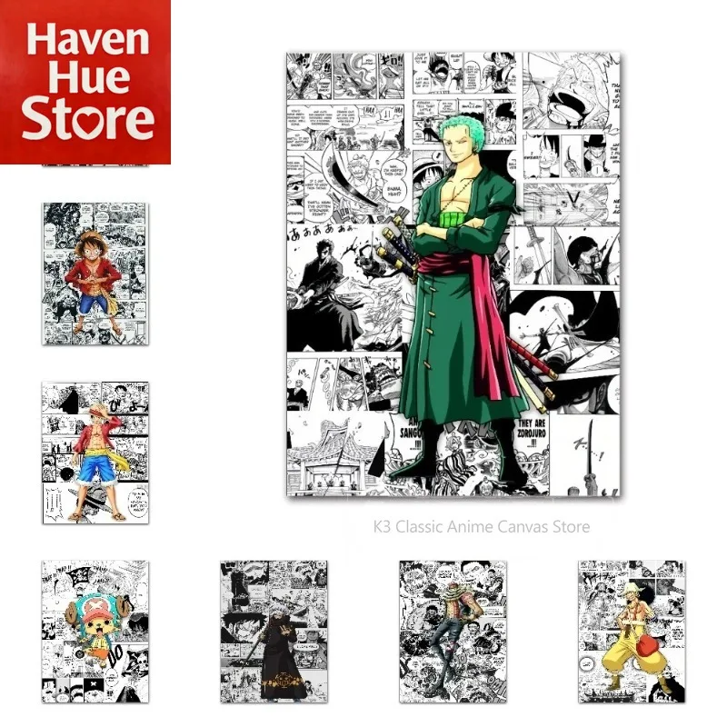 Cuadro Decorativo en Lienzo con Imágenes Clásicas de los Personajes de One Piece, Luffy y Zoro, para Sala de Estar, Pasillo o Habitación Infantil, Póster HD