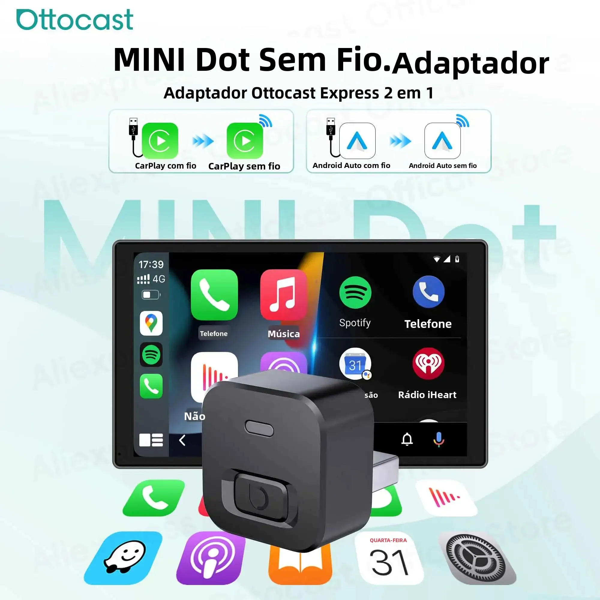 Otocast minúsculo sem fio carplay android adaptador automático mini dot dongle acessórios do carro para ford toyota chevrolet honda nissan kia