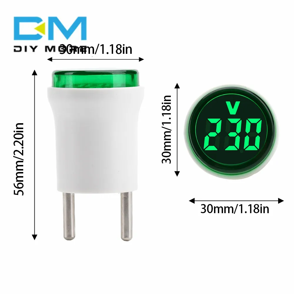 AC 220V 30mm Round Square Euro Plug LED Digital AC Voltmeter Indicator Measuring Range 50-500V Test Meter Amp Detector