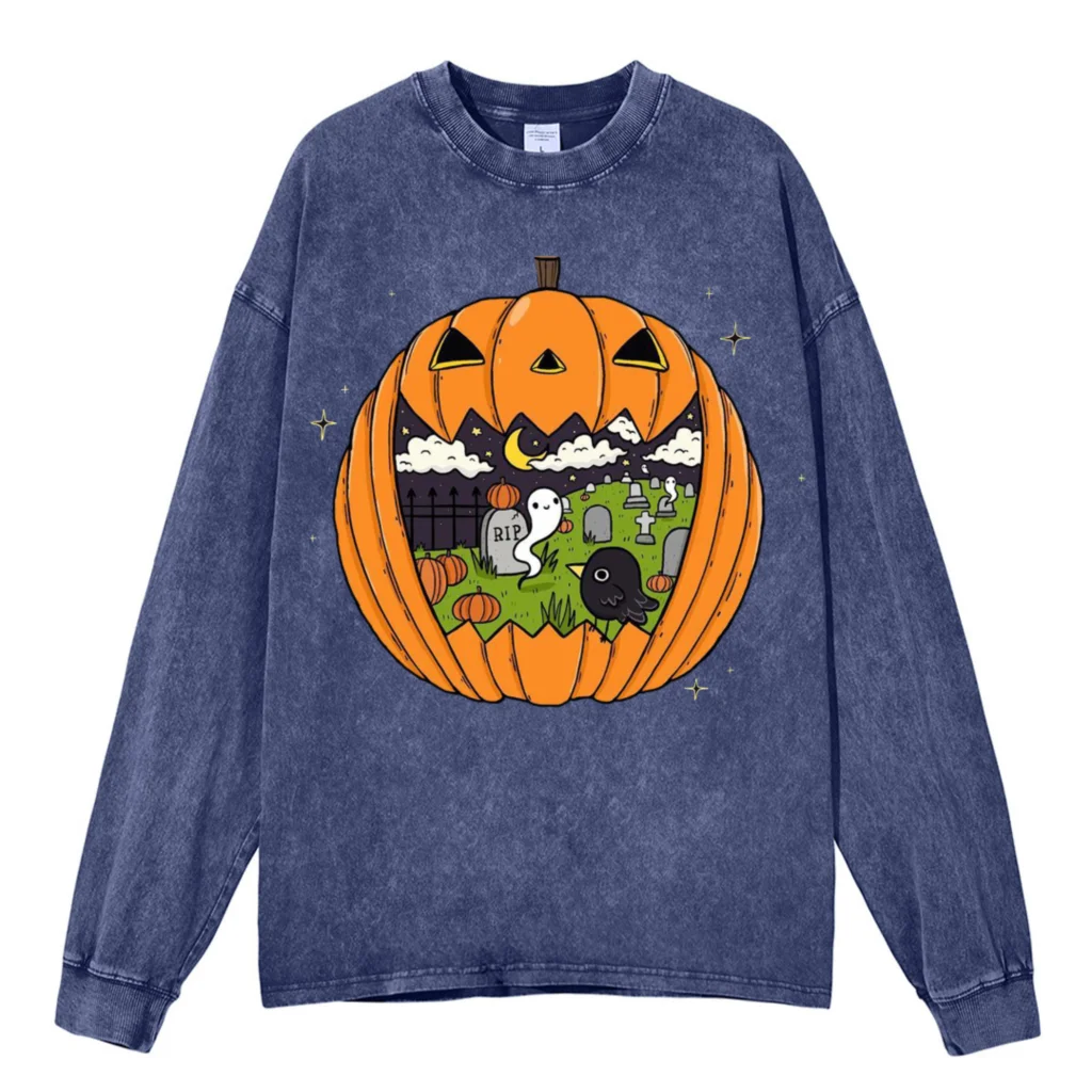 Halloween Theme y2k Washed Long Sleeve T Shirt For Men, Fantasma Graphic Printed, 100% Cotton Unisex Pumpkin Print Cotton Tshirt