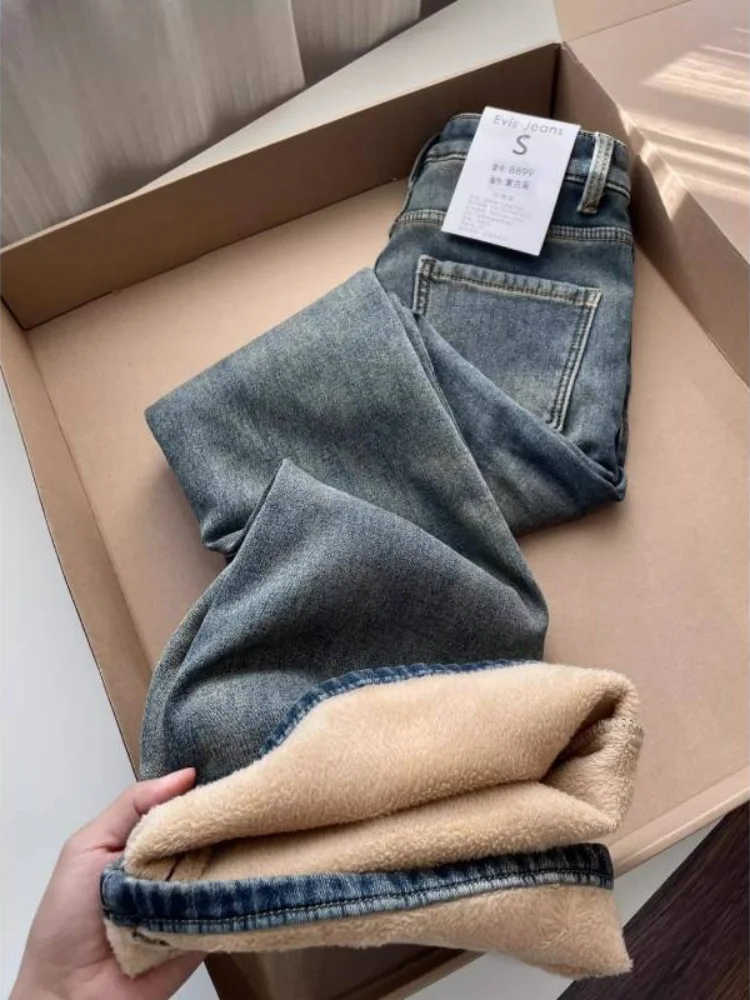 플러스 사이즈 기모 안감 마이크로 플레어 데님 청바지 여성용 겨울 하이웨이스트 슬림핏 신축성 있는 스트레이트 레그 와이드 레그