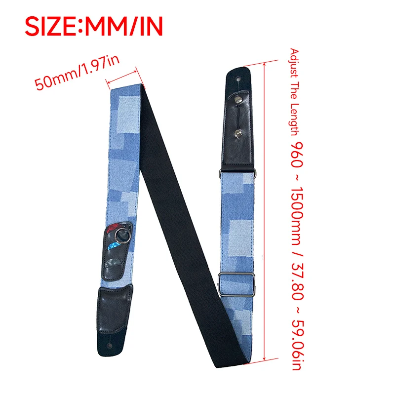 Guitar Strap 2 Inch with 3 Pick Holder Ring for Cable or Capo Genuine Leather Header Length Adjustable 96~150cm Blue/Gray