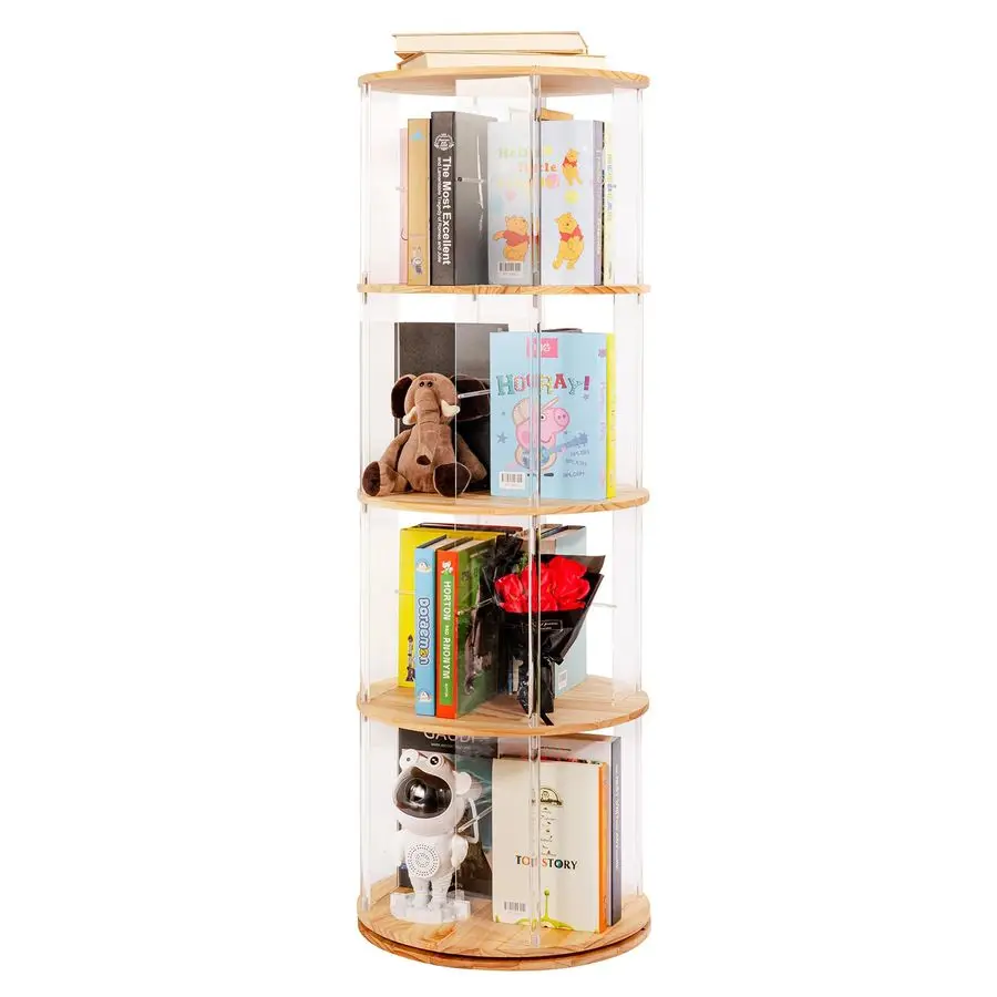 

Rotating Bookshelf, 4Tier Spinning Book Shelf Tower with Solid Wood amp Clear Acrylic, Round Revolving Bookcase for Living Room