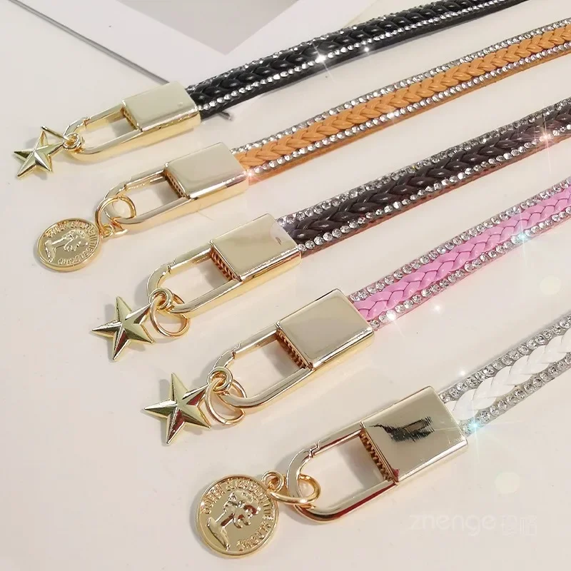 Double Row Diamond Leather Mobile Phone Lanyard Keychain with High-end Wristband Star Pendant Universal Phone Case phone charms