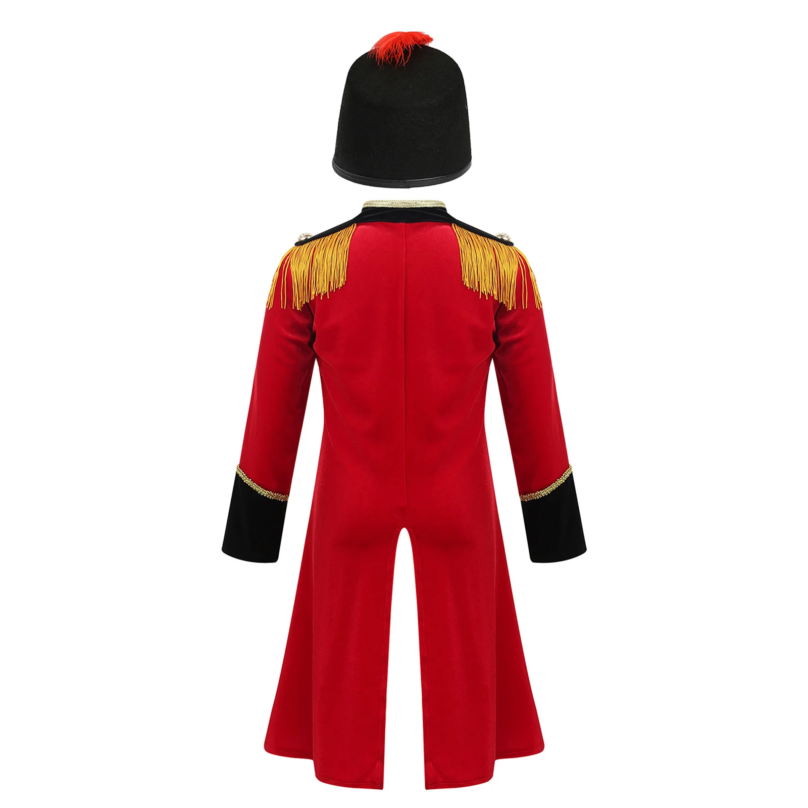 Kids Circus Drummer Band Honor Guard Costume Fringe Epaulet Tailcoat Jacket with Drummer Hat Cosplay Performance Costume