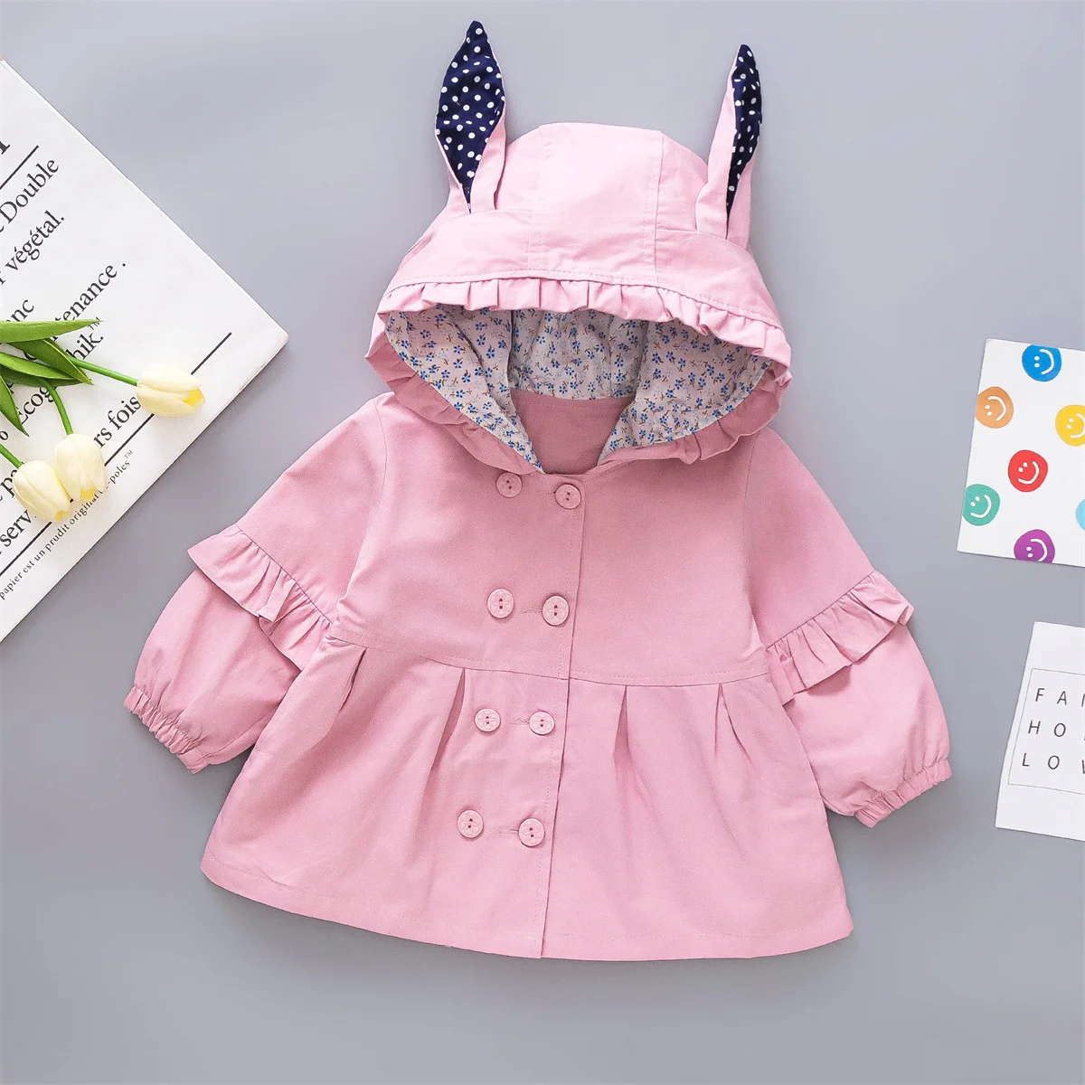 Spring And Autumn Children'S Jacket Girl Baby Solid Ear Hat Double Breasted Cute Windbreaker Long Sleeve Coat